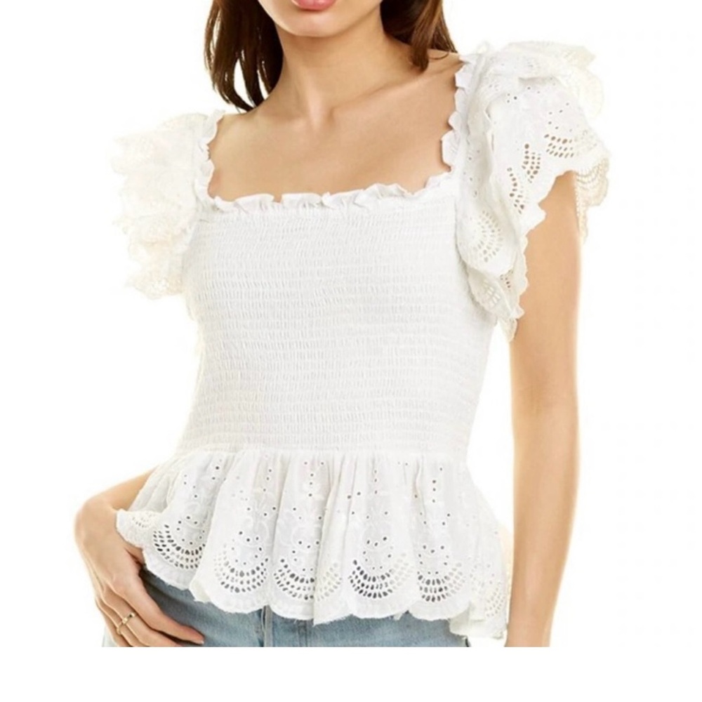 NWT Jennifer Grace Smocked Ruffles Eyelet Embroidery White